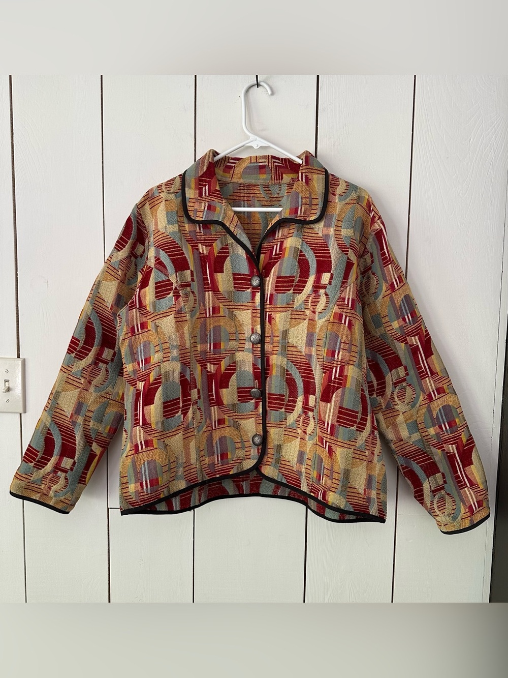VTG 90s Abstract Patterned Tapestry Jacket Sz L Multicolor MCM Mod Op Art